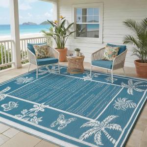 Garvee Outdoor Rugs 8’x10’ Waterproof Reversible Mats, Large Area Plastic Straw Rug, Outside Carpet, Geometric Rv Mat for Patio Camping Picnic Backyard Deck Balcony Porch Beach Trailer(Blue & White)