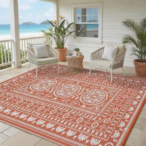 Garvee Outdoor Rugs 8’x10’ Waterproof Reversible Mats, Large Area Plastic Straw Rug, Outside Carpet, Vintage Rv Mat for Patio Camping Picnic Backyard Deck Balcony Porch Beach Trailer(Terracotta & White)