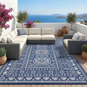 Garvee Outdoor Rugs 8’x10’ Waterproof Reversible Mats, Large Area Plastic Straw Rug, Outside Carpet, Vintage Rv Mat for Patio Camping Picnic Backyard Deck Balcony Porch Beach Trailer(Navy & White)