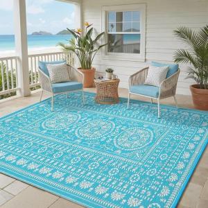 Garvee Outdoor Rugs 8’x10’ Waterproof Reversible Mats, Large Area Plastic Straw Rug, Outside Carpet, Vintage Rv Mat for Patio Camping Picnic Backyard Deck Balcony Porch Beach Trailer(Teal Blue & White)