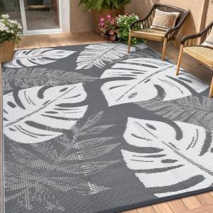 Garvee Patio Rugs Outdoor 10×14 Plastic Straw Rug Reversible Camping Carpet, Waterproof Vintage Outdoor Mat with 4 Stakes and Storage Bag for RV, Picnic, Backyard, Deck, Balcony, Porch, Beach(Leaf|grey&white)