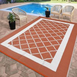 Garvee Patio Rugs Outdoor 10×14 Plastic Straw Rug Reversible Camping Carpet, Waterproof Vintage Outdoor Mat with 4 Stakes and Storage Bag for RV, Picnic, Backyard, Deck, Balcony, Porch, Beach(Geometric|terracotta)