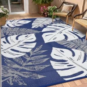 Garvee Patio Rugs Outdoor 10×14 Plastic Straw Rug Reversible Camping Carpet, Waterproof Vintage Outdoor Mat with 4 Stakes and Storage Bag for RV, Picnic, Backyard, Deck, Balcony, Porch, Beach(Leaf|navy&white)