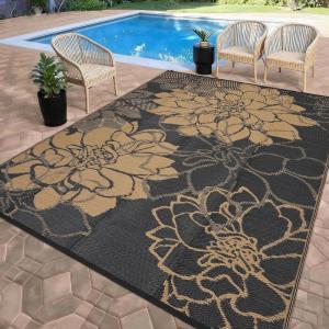 Garvee Patio Rugs Outdoor 10×14 Plastic Straw Rug Reversible Camping Carpet, Waterproof Vintage Outdoor Mat with 4 Stakes and Storage Bag for RV, Picnic, Backyard, Deck, Balcony, Porch, Beach(Floral|black&brown)