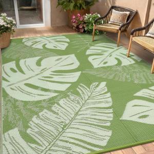 Garvee Patio Rugs Outdoor 10×14 Plastic Straw Rug Reversible Camping Carpet, Waterproof Vintage Outdoor Mat with 4 Stakes and Storage Bag for RV, Picnic, Backyard, Deck, Balcony, Porch, Beach(Leaf|sage Green)
