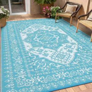 Garvee Patio Rugs Outdoor 10×14 Plastic Straw Rug Reversible Camping Carpet, Waterproof Vintage Outdoor Mat with 4 Stakes and Storage Bag for RV, Picnic, Backyard, Deck, Balcony, Porch, Beach(Vintage|blue&white)