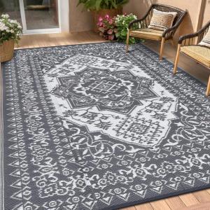 Garvee Patio Rugs Outdoor 10×14 Plastic Straw Rug Reversible Camping Carpet, Waterproof Vintage Outdoor Mat with 4 Stakes and Storage Bag for RV, Picnic, Backyard, Deck, Balcony, Porch, Beach(Vintage|grey&white)