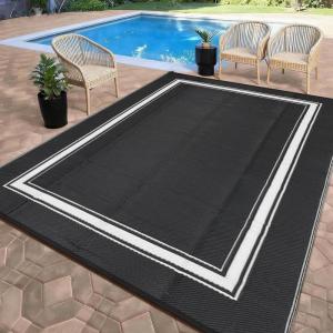 Garvee Patio Rugs Outdoor 10×14 Plastic Straw Rug Reversible Camping Carpet, Waterproof Vintage Outdoor Mat with 4 Stakes and Storage Bag for RV, Picnic, Backyard, Deck, Balcony, Porch, Beach(Border|black)