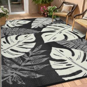 Garvee Patio Rugs Outdoor 10×14 Plastic Straw Rug Reversible Camping Carpet, Waterproof Vintage Outdoor Mat with 4 Stakes and Storage Bag for RV, Picnic, Backyard, Deck, Balcony, Porch, Beach(Leaf|black&beige)
