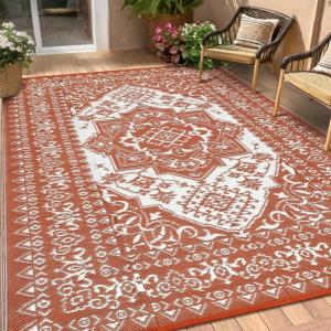Garvee Patio Rugs Outdoor 10×14 Plastic Straw Rug Reversible Camping Carpet, Waterproof Vintage Outdoor Mat with 4 Stakes and Storage Bag for RV, Picnic, Backyard, Deck, Balcony, Porch, Beach(Vintage|red&white)