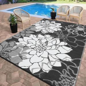 Garvee Patio Rugs Outdoor 10×14 Plastic Straw Rug Reversible Camping Carpet, Waterproof Vintage Outdoor Mat with 4 Stakes and Storage Bag for RV, Picnic, Backyard, Deck, Balcony, Porch, Beach(Floral|black&white)