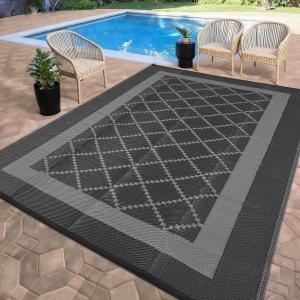 Garvee Patio Rugs Outdoor 10×14 Plastic Straw Rug Reversible Camping Carpet, Waterproof Vintage Outdoor Mat with 4 Stakes and Storage Bag for RV, Picnic, Backyard, Deck, Balcony, Porch, Beach(Geometric|black&grey)