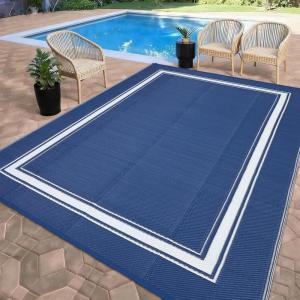 Garvee Patio Rugs Outdoor 10×14 Plastic Straw Rug Reversible Camping Carpet, Waterproof Vintage Outdoor Mat with 4 Stakes and Storage Bag for RV, Picnic, Backyard, Deck, Balcony, Porch, Beach(Border|navy)