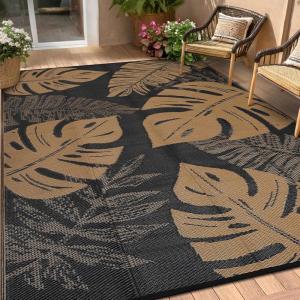 Garvee Patio Rugs Outdoor 10×14 Plastic Straw Rug Reversible Camping Carpet, Waterproof Vintage Outdoor Mat with 4 Stakes and Storage Bag for RV, Picnic, Backyard, Deck, Balcony, Porch, Beach(Leaf|black&brown)