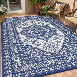 Garvee Patio Rugs Outdoor 10×14 Plastic Straw Rug Reversible Camping Carpet, Waterproof Vintage Outdoor Mat with 4 Stakes and Storage Bag for RV, Picnic, Backyard, Deck, Balcony, Porch, Beach(Vintage|navy&white)