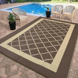 Garvee Patio Rugs Outdoor 10×14 Plastic Straw Rug Reversible Camping Carpet, Waterproof Vintage Outdoor Mat with 4 Stakes and Storage Bag for RV, Picnic, Backyard, Deck, Balcony, Porch, Beach(Geometric|brown&coffee)