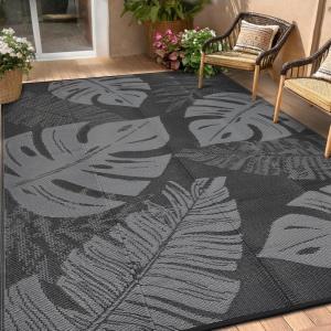 Garvee Patio Rugs Outdoor 10×14 Plastic Straw Rug Reversible Camping Carpet, Waterproof Vintage Outdoor Mat with 4 Stakes and Storage Bag for RV, Picnic, Backyard, Deck, Balcony, Porch, Beach(Leaf|black&grey)