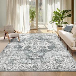 Garvee Vintage Living Room Area Rug 5×7 Large Soft Washable Bedroom Carpet Floral Print Retro Accent Rug Non Slip Thin Floor Carpet Low Pile Foldable Lightweight Rug for Dining Room, Light Green(Light Green)