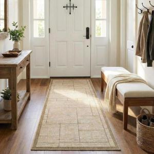 Garvee Washable 2×6 Kitchen Rugs, Modern Geometric Entryway Rug Soft Non Slip Washable Runner Rug for Hallway Bedroom, Stain Resistant Low Pile Contemporary Long Carpet for Entrance Laundry, Green(Patchworked|beige)