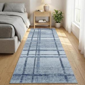 Garvee Washable 2×6 Runner Rug, Modern Geometric Kitchen Rugs, Soft Non Slip Stain Resistant Hallway Runner Indoor Contemporary Distressed Throw Carpet for Laundry Bathroom Bedroom, Green(Plaid|blue)