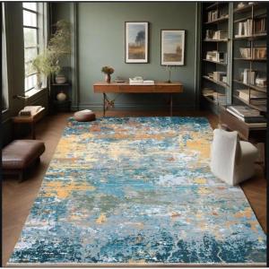 Garvee Washable 4×6 Area Rug for Bedroom Low Pile Living Room Carpet Mat Non Shedding Modern Braided Print (Not Woven) Small Carpet for Bedside Kitchen Entryway Kids Room Office College Dorm, Beige(Abstract | Gold Blue)