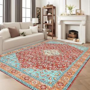 Garvee Washable 4×6 Area Rugs for Living Room – Rug Bedroom Rug-Carpet, Neutral Moody Vintage, Traditional Dining Room Rugs, Office Soft Comfortable, Non Slip. Red(Red and Green Hue)