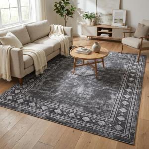 Garvee Washable Rug 4×6 Area Rugs for Living Room Bedroom, Non Slip Low Pile Modern Geometric Foldable Soft Carpet, Stain Resistant & Easy Cleaning Floor Mats for Entryway,Home Office Decor, Dark Grey(Border – Grey)