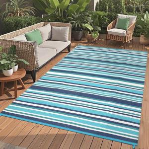 Garvee Waterproof Outdoor Rug 8×10, Plastic Straw Patio Camping Rug, Indoor Outdoor RV Mat Carpet for Deck, Camper, Porch, Balcony, Backyard, Picnic (Light Blue)(Blue Tone)