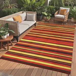 Garvee Waterproof Outdoor Rug 8×10, Plastic Straw Patio Camping Rug, Indoor Outdoor RV Mat Carpet for Deck, Camper, Porch, Balcony, Backyard, Picnic (Light Blue)(Red Tone)