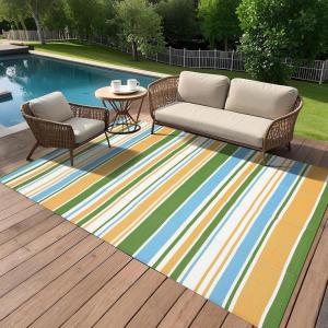 Garvee Waterproof Outdoor Rug 8×10, Plastic Straw Patio Camping Rug, Indoor Outdoor RV Mat Carpet for Deck, Camper, Porch, Balcony, Backyard, Picnic (Light Blue)(Colorful)