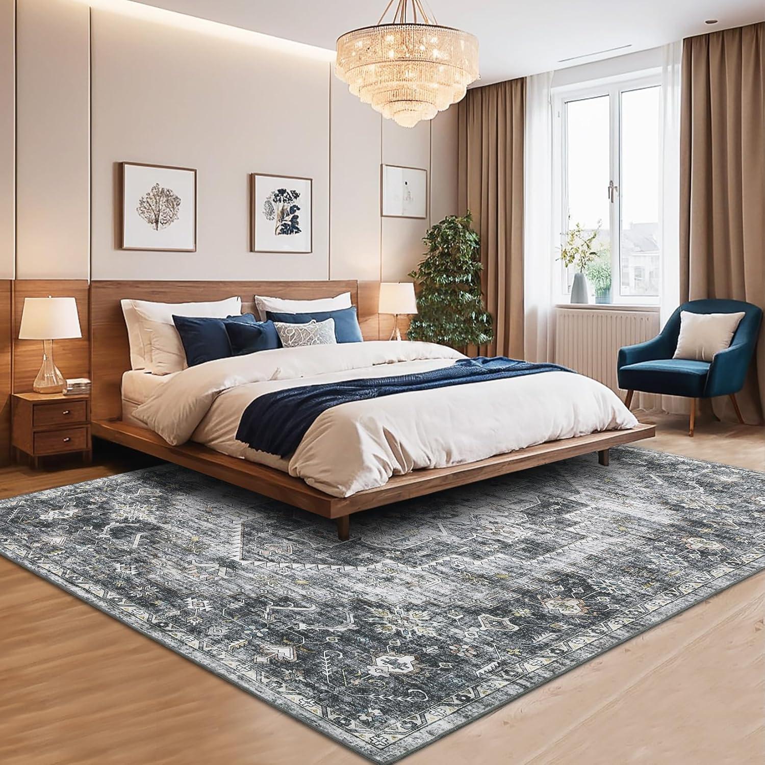 image:imageGarvee 2x6 Washable Vintage Runner Rug for Entryway Kitchen Soft Non Slip Thin Carpet Traditional Floral Print Floor Cover Distressed Accent Throw Rug for Hallway Bathroom Bedroom BrownGrey