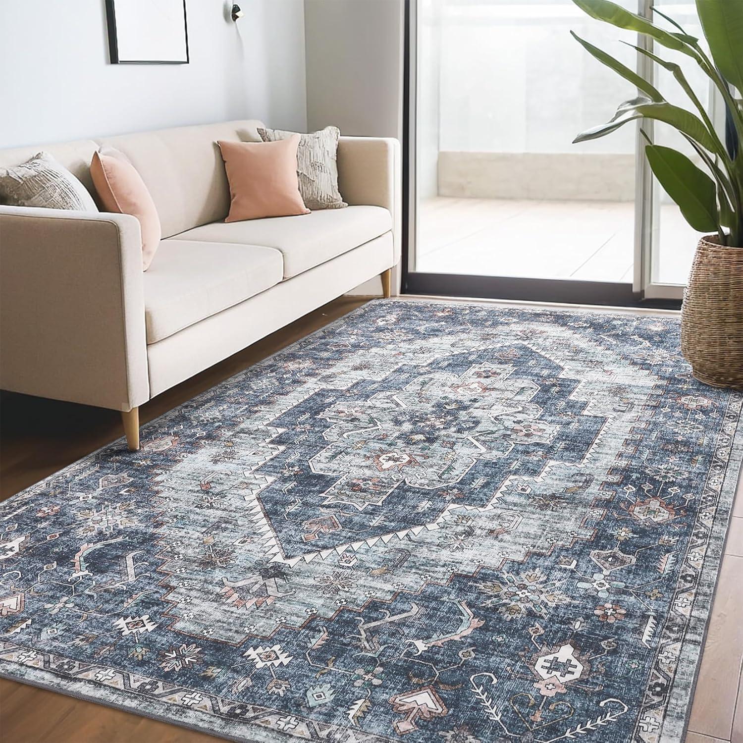 image:imageGarvee 2x6 Washable Vintage Runner Rug for Entryway Kitchen Soft Non Slip Thin Carpet Traditional Floral Print Floor Cover Distressed Accent Throw Rug for Hallway Bathroom Bedroom BrownBlue