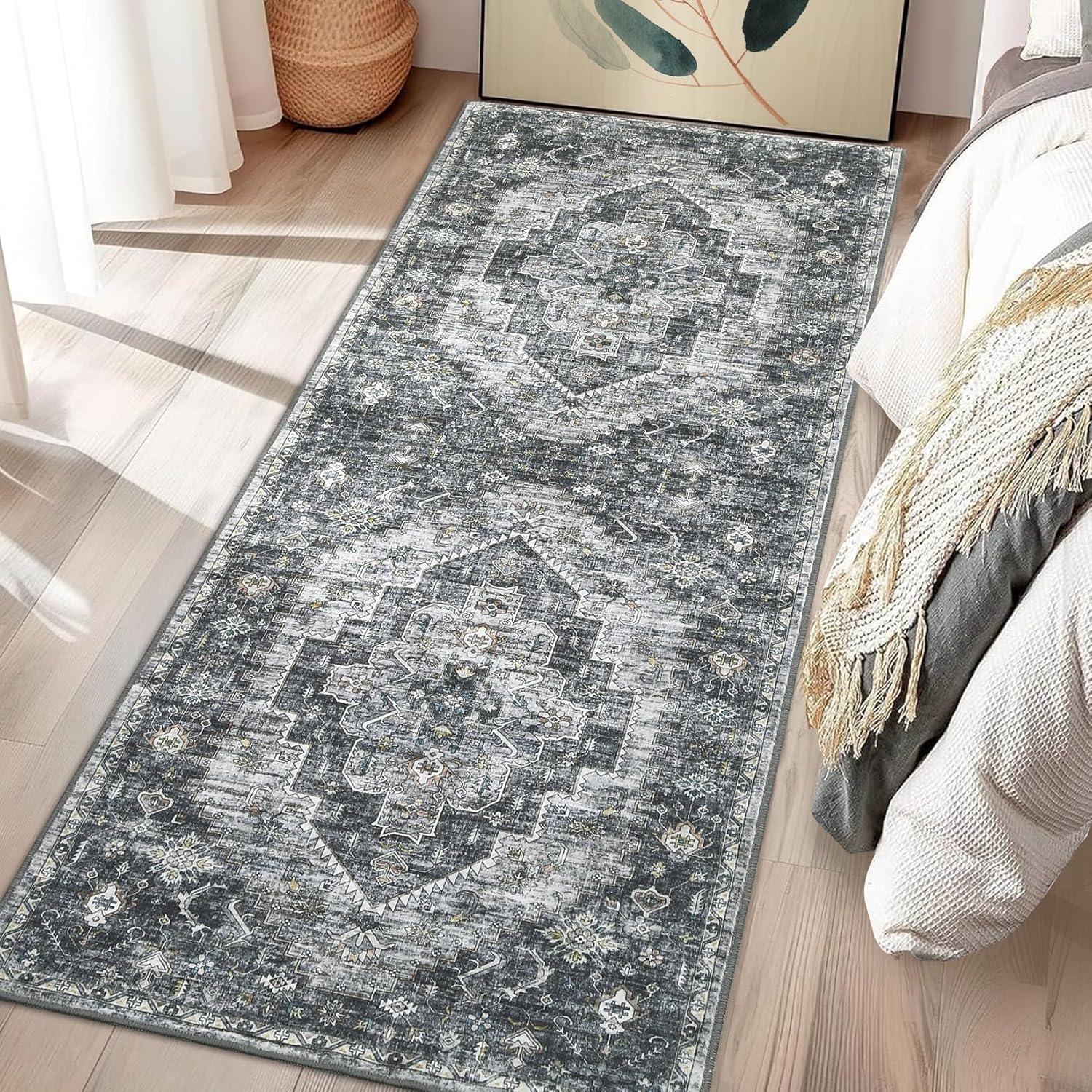 image:imageGarvee 2x6 Washable Vintage Runner Rug for Entryway Kitchen Soft Non Slip Thin Carpet Traditional Floral Print Floor Cover Distressed Accent Throw Rug for Hallway Bathroom Bedroom BrownGrey