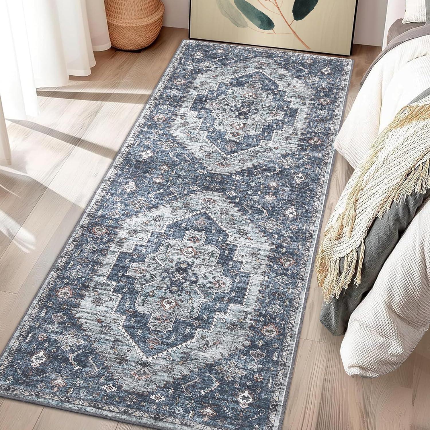 image:imageGarvee 2x6 Washable Vintage Runner Rug for Entryway Kitchen Soft Non Slip Thin Carpet Traditional Floral Print Floor Cover Distressed Accent Throw Rug for Hallway Bathroom Bedroom BrownBlue