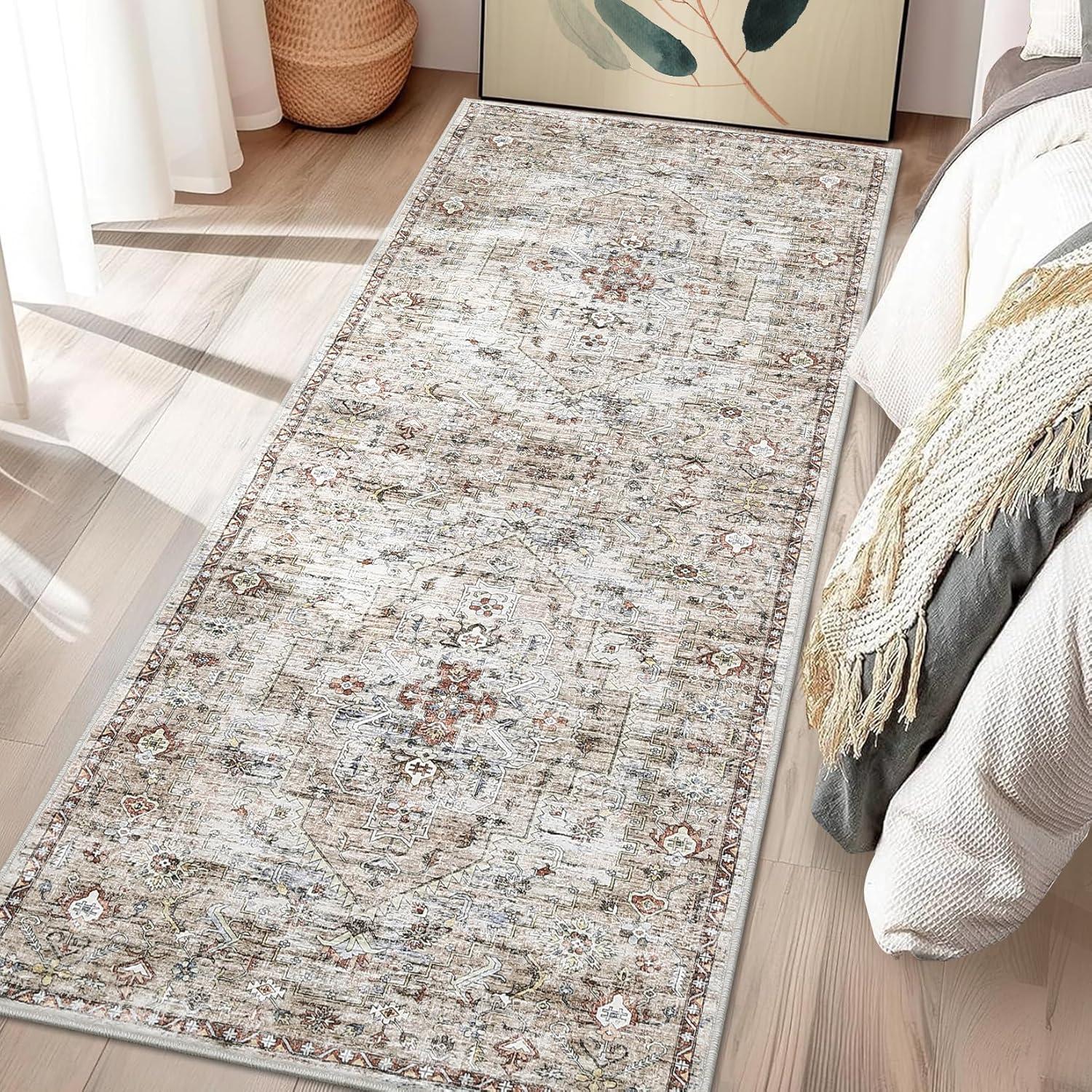 image:imageGarvee 2x6 Washable Vintage Runner Rug for Entryway Kitchen Soft Non Slip Thin Carpet Traditional Floral Print Floor Cover Distressed Accent Throw Rug for Hallway Bathroom Bedroom BrownBrown