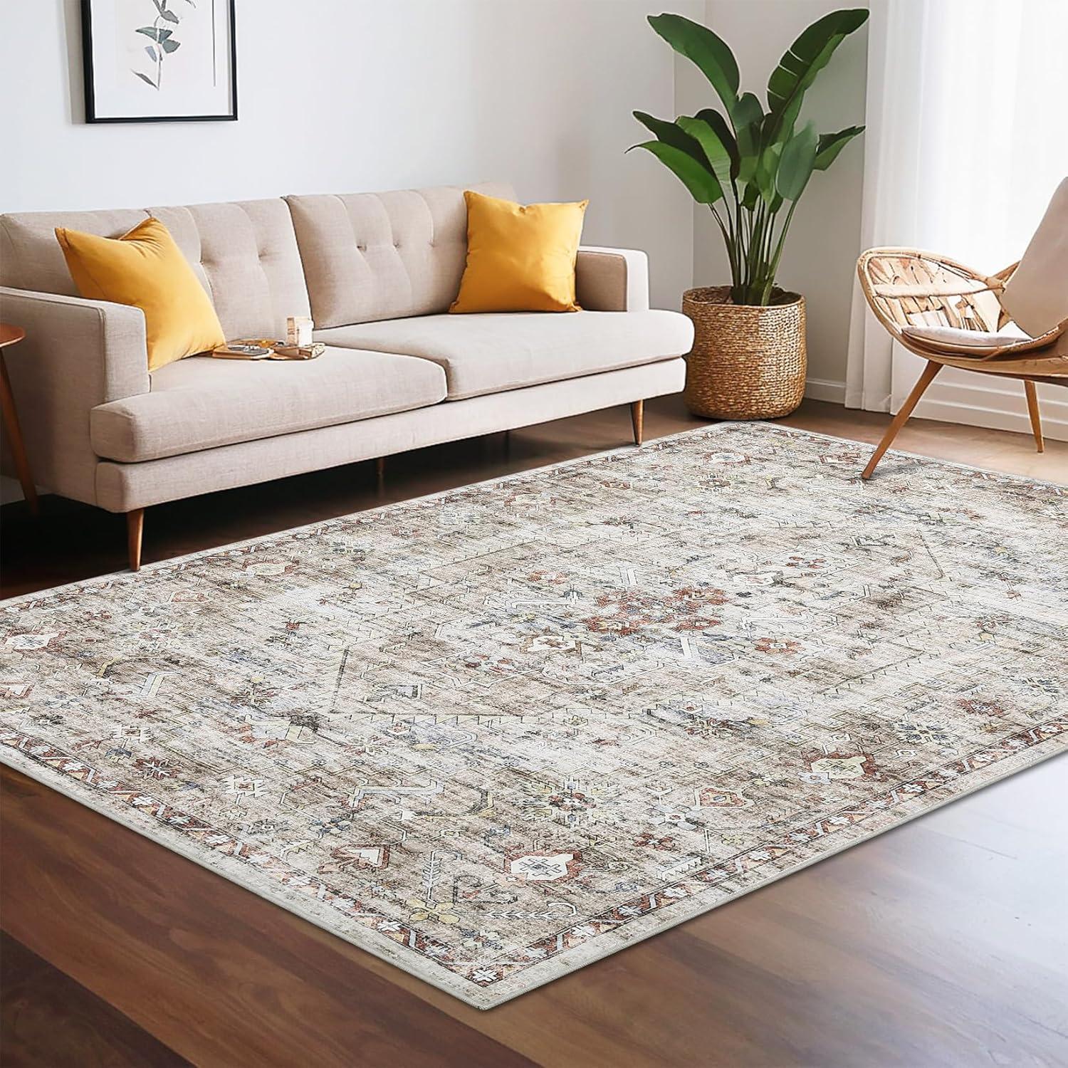 image:imageGarvee 2x6 Washable Vintage Runner Rug for Entryway Kitchen Soft Non Slip Thin Carpet Traditional Floral Print Floor Cover Distressed Accent Throw Rug for Hallway Bathroom Bedroom BrownBrown