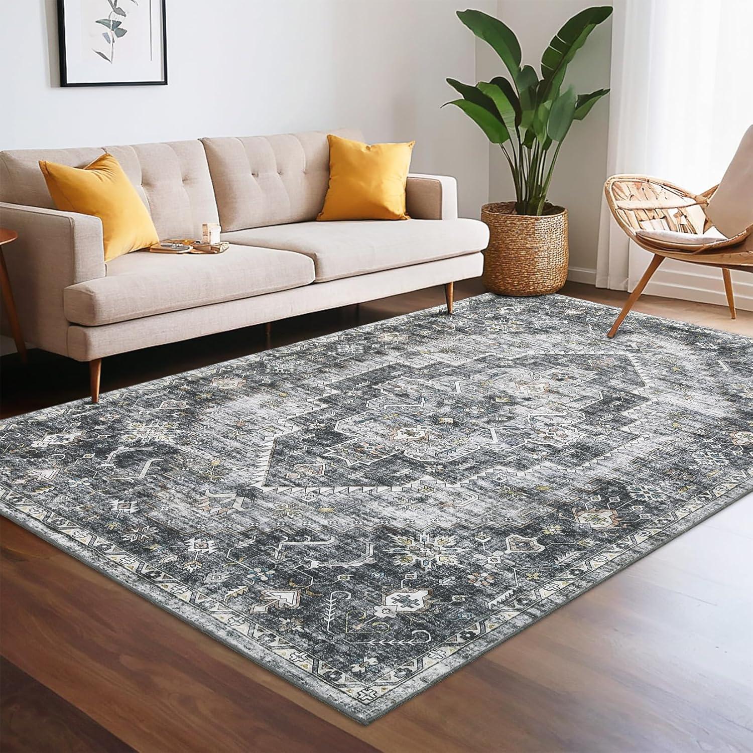 image:imageGarvee 2x6 Washable Vintage Runner Rug for Entryway Kitchen Soft Non Slip Thin Carpet Traditional Floral Print Floor Cover Distressed Accent Throw Rug for Hallway Bathroom Bedroom BrownGrey