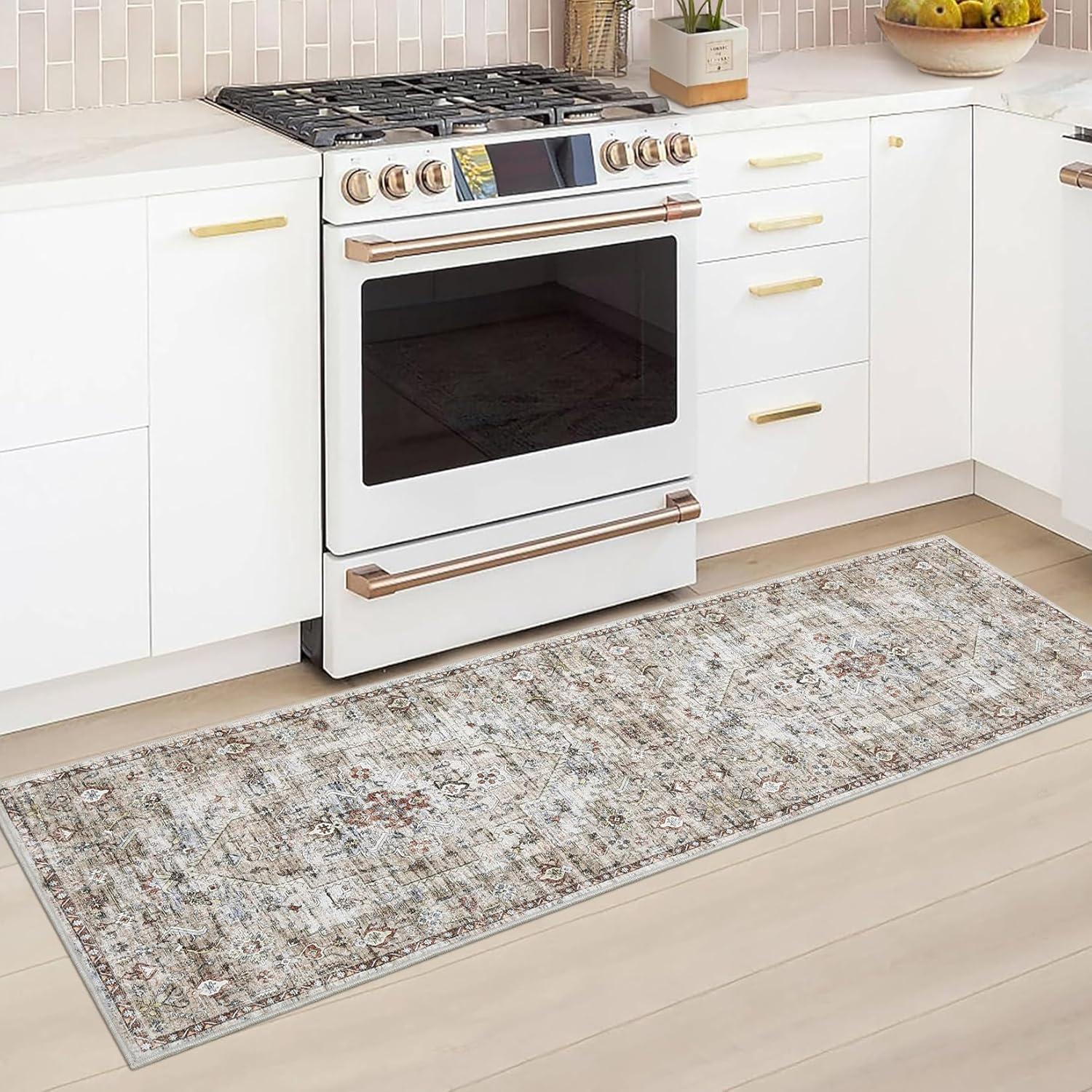 image:imageGarvee 2x6 Washable Vintage Runner Rug for Entryway Kitchen Soft Non Slip Thin Carpet Traditional Floral Print Floor Cover Distressed Accent Throw Rug for Hallway Bathroom Bedroom BrownBrown