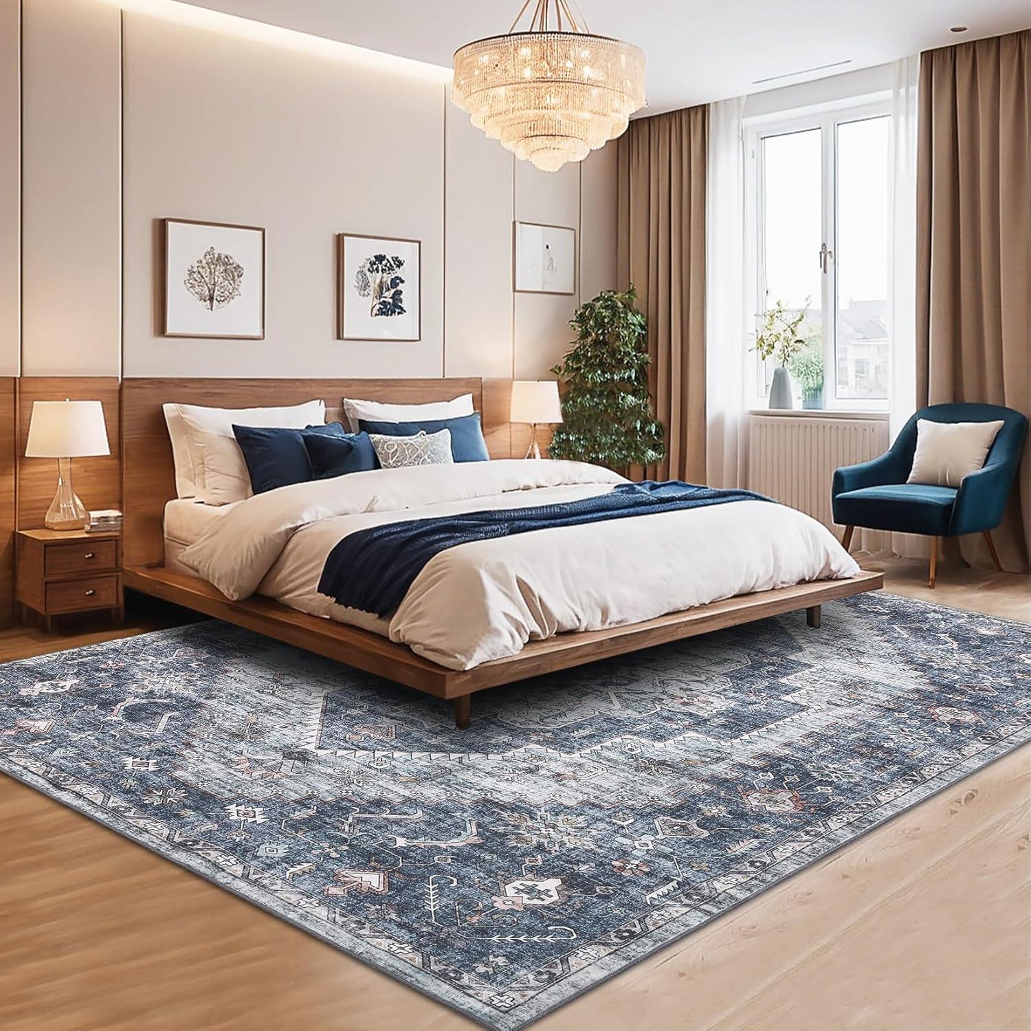 image:imageGarvee 2x6 Washable Vintage Runner Rug for Entryway Kitchen Soft Non Slip Thin Carpet Traditional Floral Print Floor Cover Distressed Accent Throw Rug for Hallway Bathroom Bedroom BrownBlue