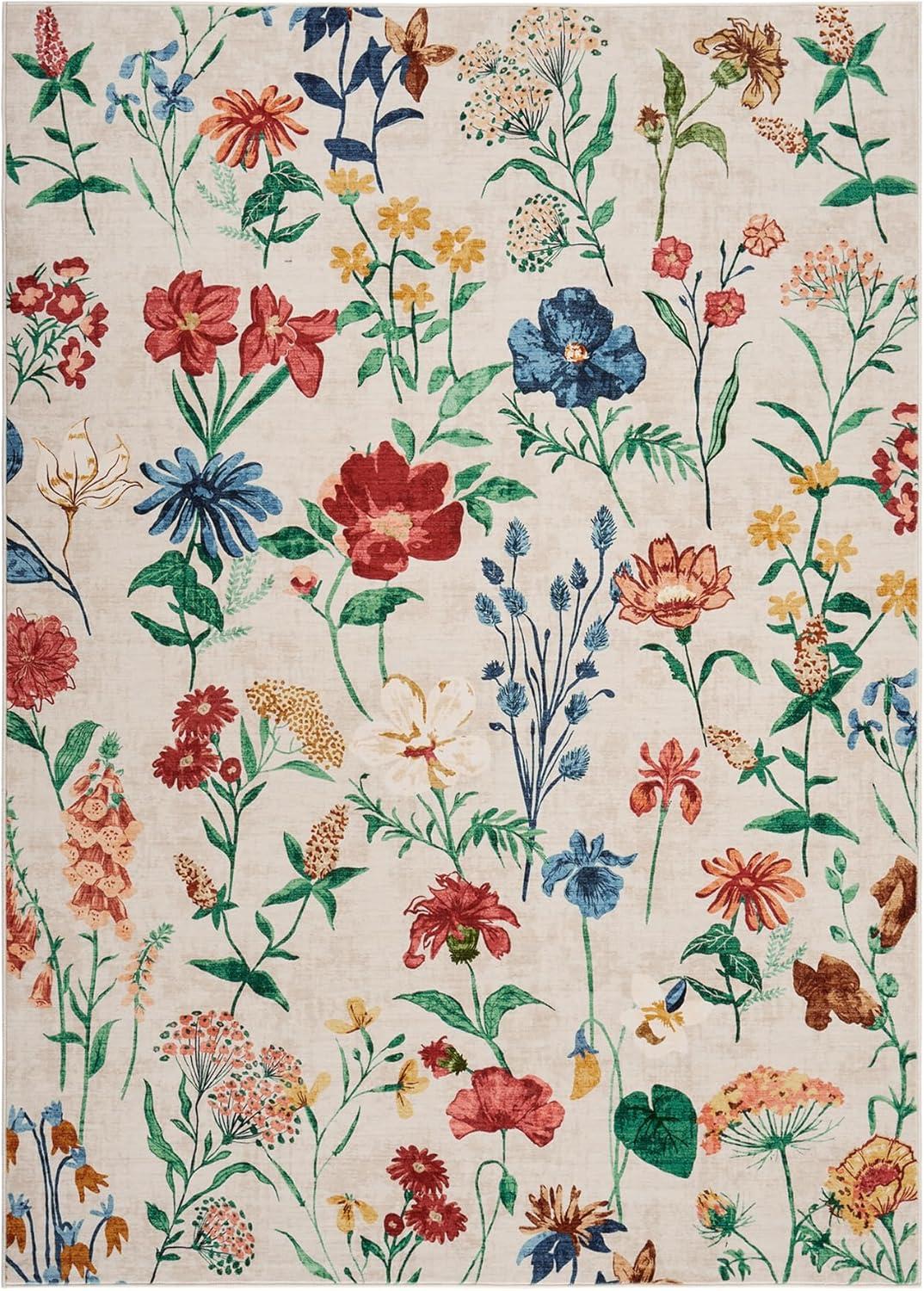 image:imageGarvee 8x10 Floral Area Rugs Washable Non Slip Low Pile Boho Indoor Rug Soft Vintage Carpet for Living Room Bedroom Dining Room Light GreenBeige