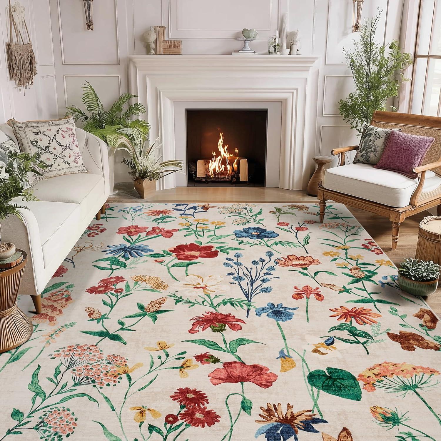 image:imageGarvee 8x10 Floral Area Rugs Washable Non Slip Low Pile Boho Indoor Rug Soft Vintage Carpet for Living Room Bedroom Dining Room Light GreenBeige