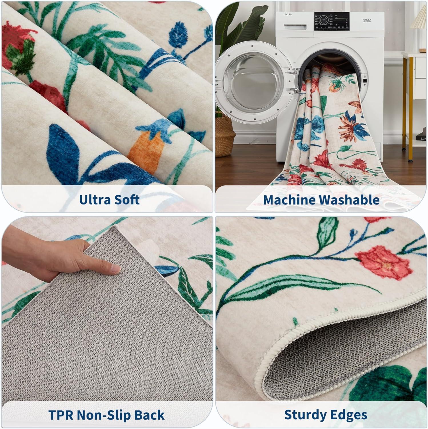 image:imageGarvee 8x10 Floral Area Rugs Washable Non Slip Low Pile Boho Indoor Rug Soft Vintage Carpet for Living Room Bedroom Dining Room Light GreenBeige