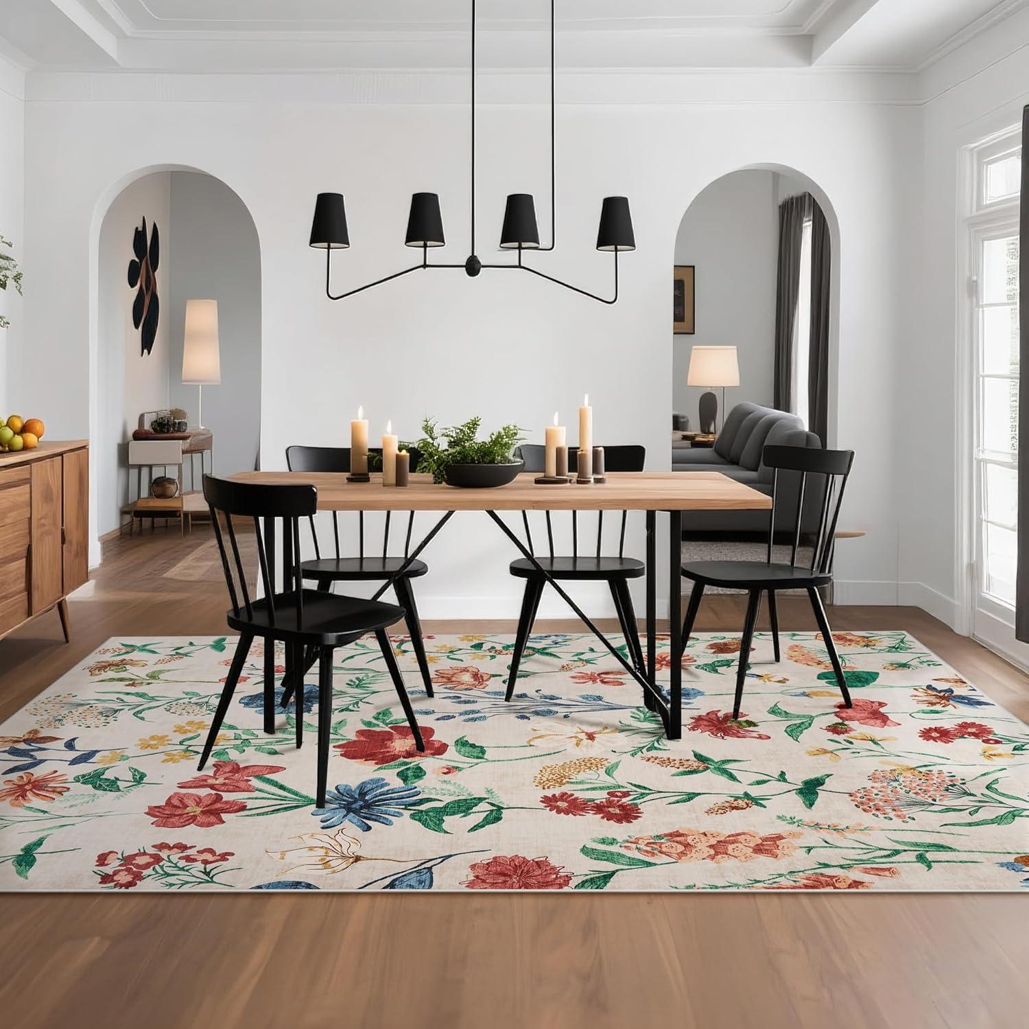 image:imageGarvee 8x10 Floral Area Rugs Washable Non Slip Low Pile Boho Indoor Rug Soft Vintage Carpet for Living Room Bedroom Dining Room Light GreenBeige