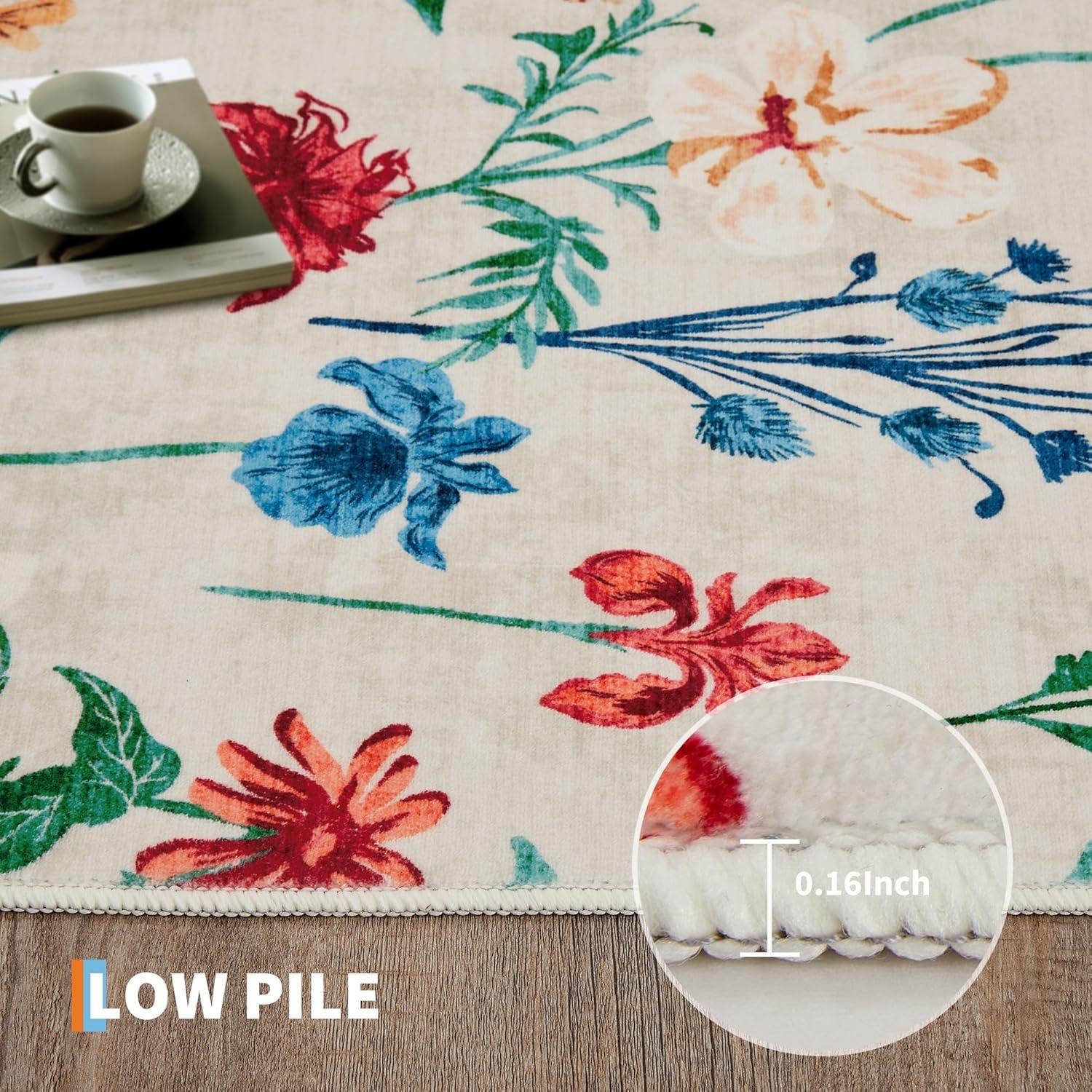 image:imageGarvee 8x10 Floral Area Rugs Washable Non Slip Low Pile Boho Indoor Rug Soft Vintage Carpet for Living Room Bedroom Dining Room Light GreenBeige