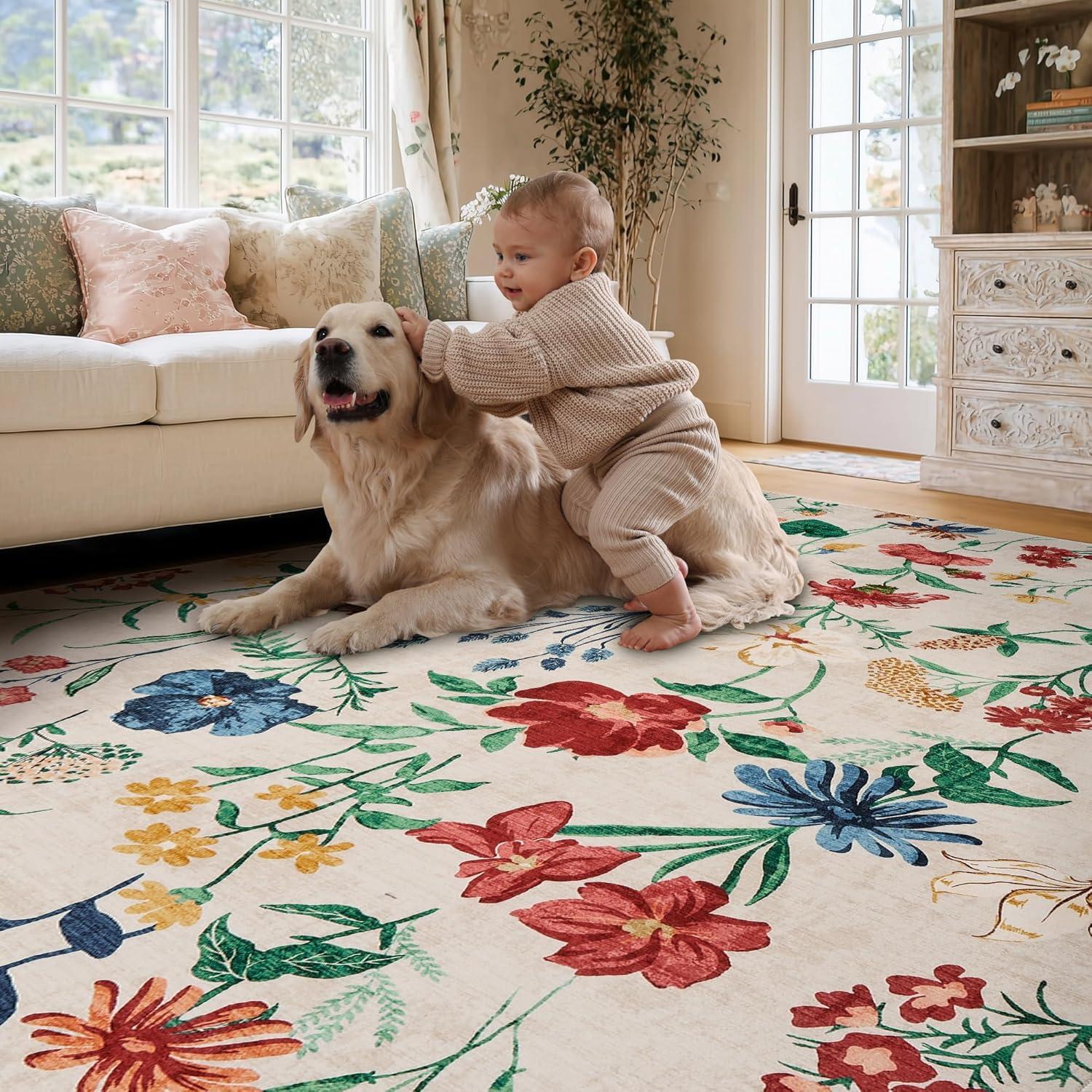 image:imageGarvee 8x10 Floral Area Rugs Washable Non Slip Low Pile Boho Indoor Rug Soft Vintage Carpet for Living Room Bedroom Dining Room Light GreenBeige