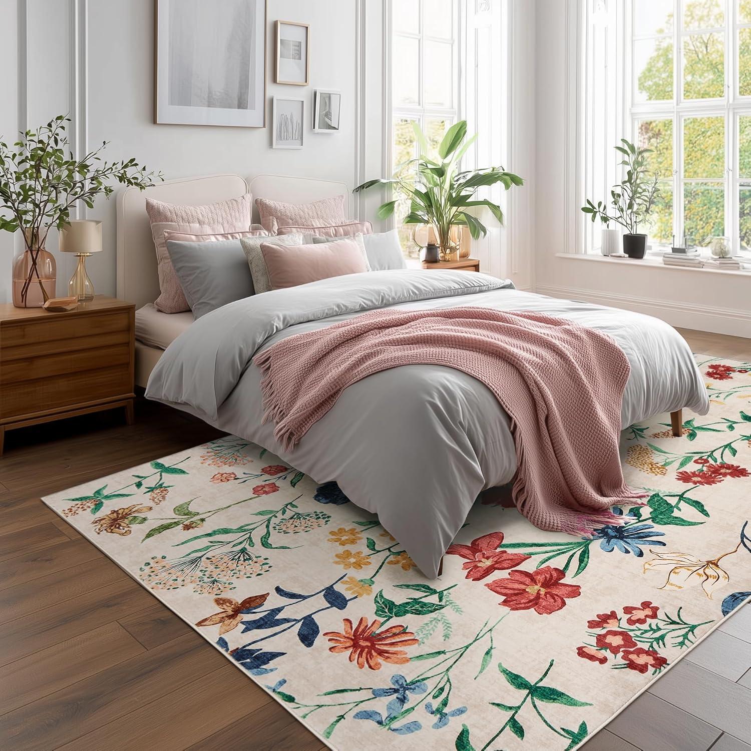 image:imageGarvee 8x10 Floral Area Rugs Washable Non Slip Low Pile Boho Indoor Rug Soft Vintage Carpet for Living Room Bedroom Dining Room Light GreenBeige