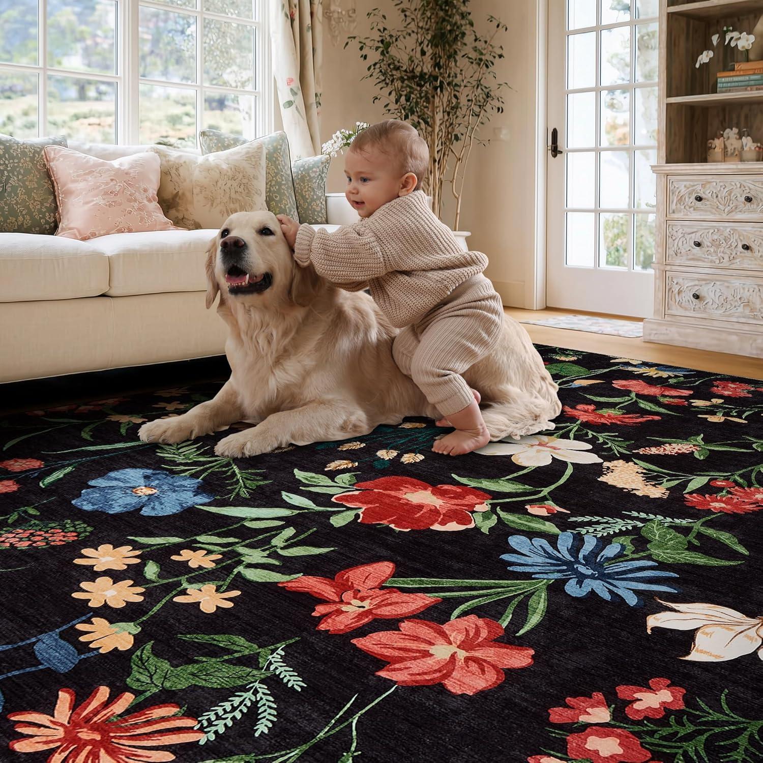 image:imageGarvee 8x10 Floral Area Rugs Washable Non Slip Low Pile Boho Indoor Rug Soft Vintage Carpet for Living Room Bedroom Dining Room Light GreenBlack