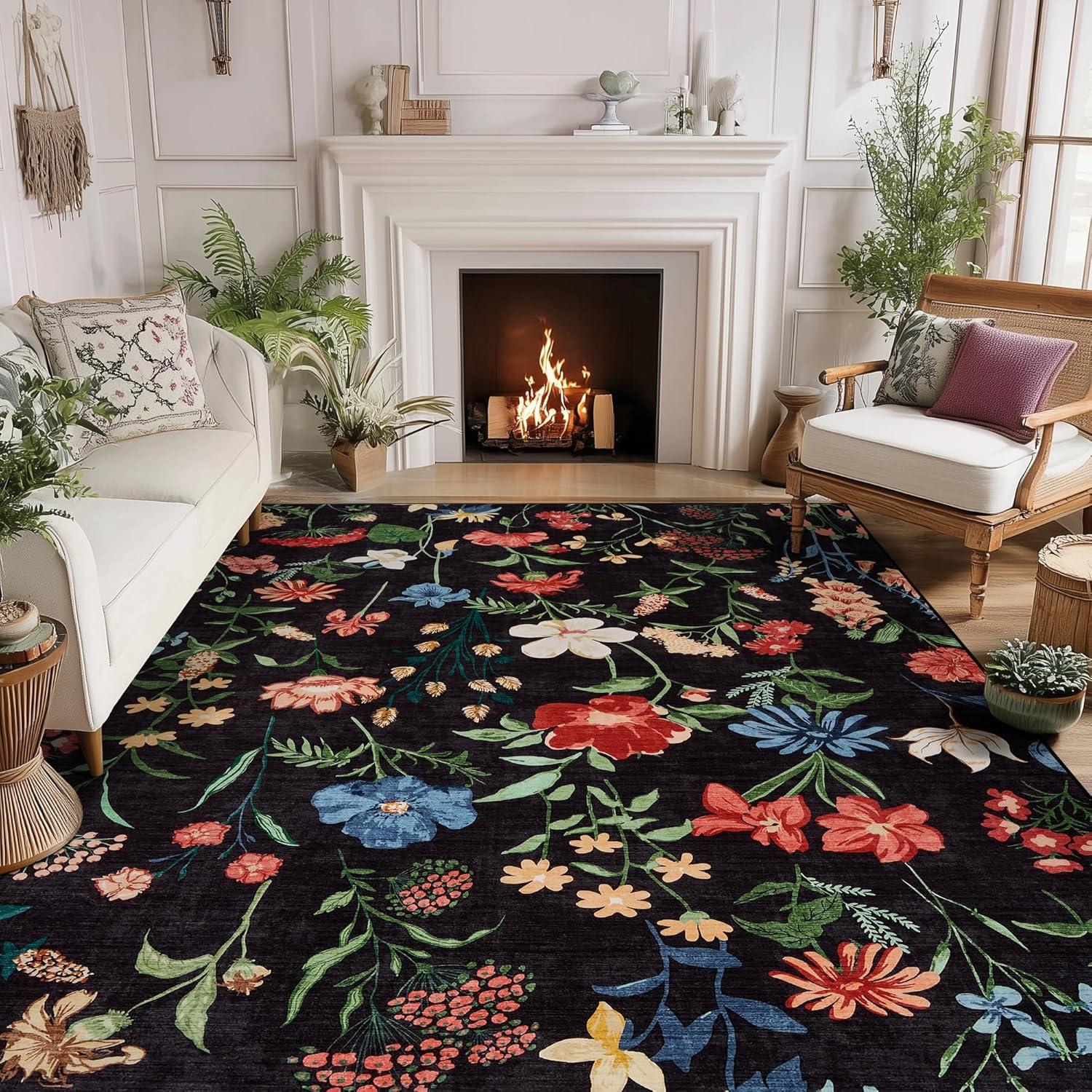 image:imageGarvee 8x10 Floral Area Rugs Washable Non Slip Low Pile Boho Indoor Rug Soft Vintage Carpet for Living Room Bedroom Dining Room Light GreenBlack