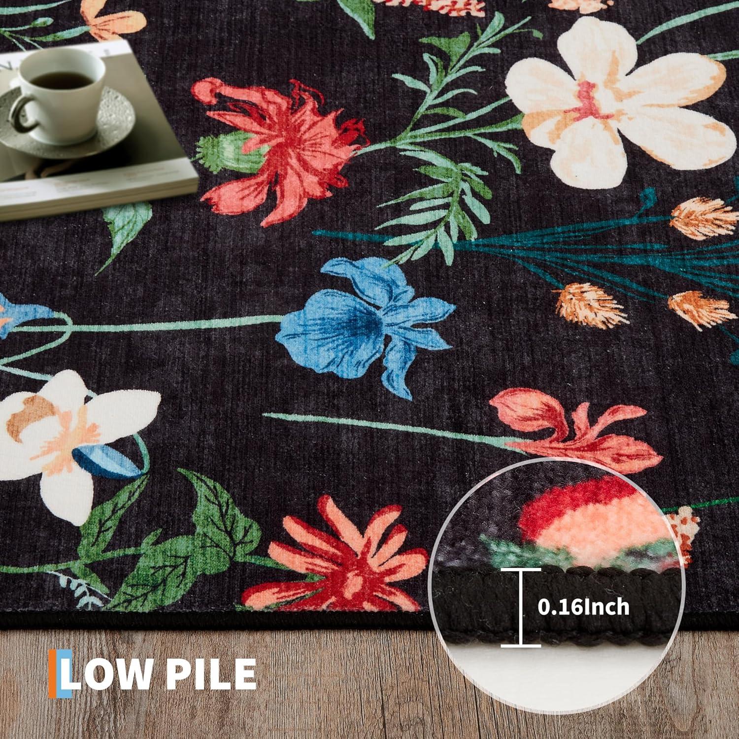 image:imageGarvee 8x10 Floral Area Rugs Washable Non Slip Low Pile Boho Indoor Rug Soft Vintage Carpet for Living Room Bedroom Dining Room Light GreenBlack