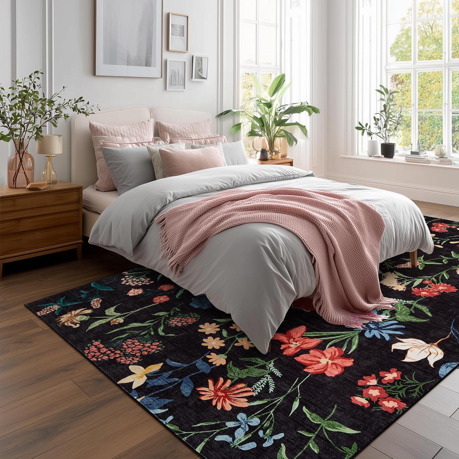 image:imageGarvee 8x10 Floral Area Rugs Washable Non Slip Low Pile Boho Indoor Rug Soft Vintage Carpet for Living Room Bedroom Dining Room Light GreenBlack